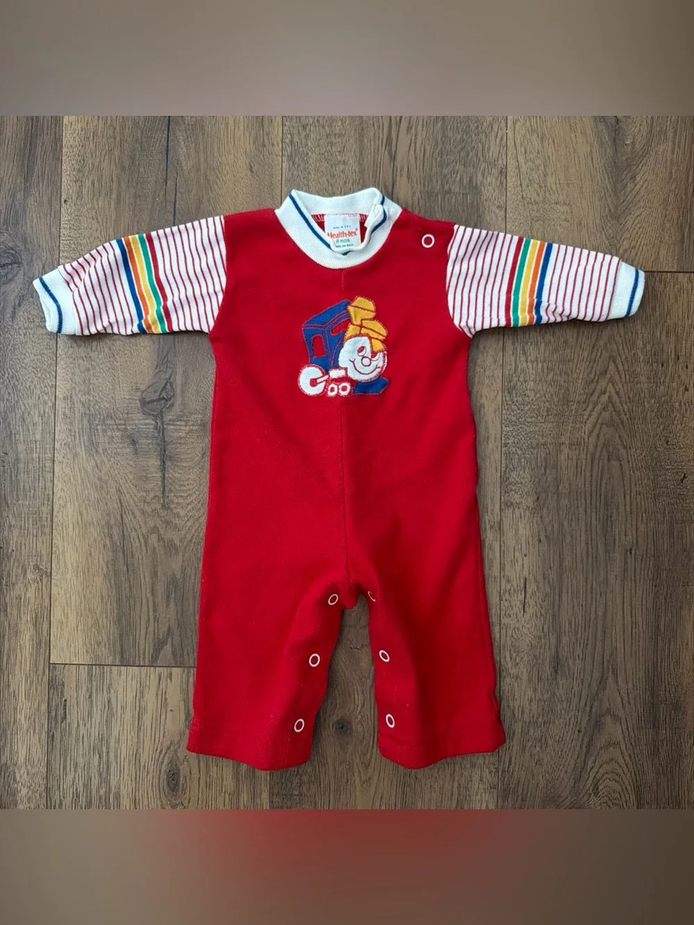 Vintage Health-tex red Baby One-Piece with Striped Sleeves and embroidered train